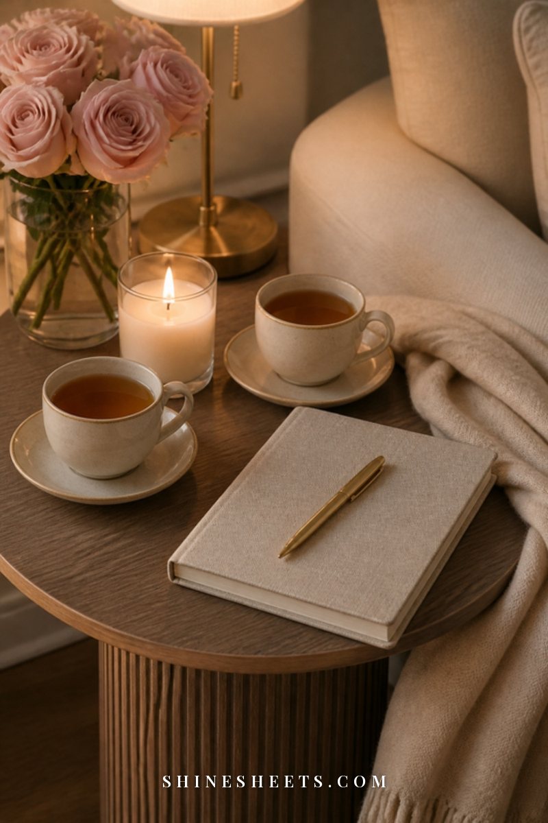 Two cups of tea and a planner notebook on a sofa side table at dusk
