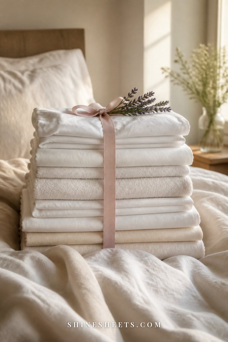 Woven laundry basket with folded cream towels on a bed