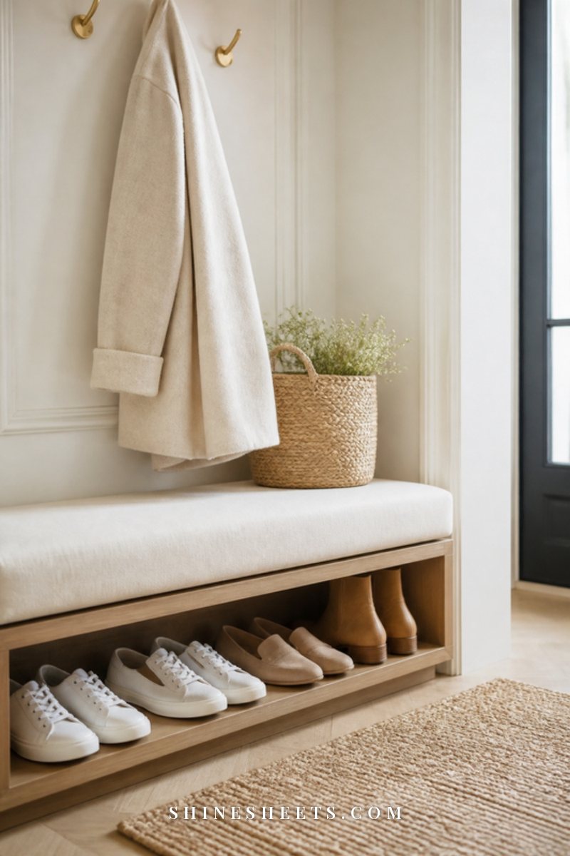 Cream shoe rack bench in a bright entryway with neatly lined women's sneakers, loafers and ankle boots and a woven basket