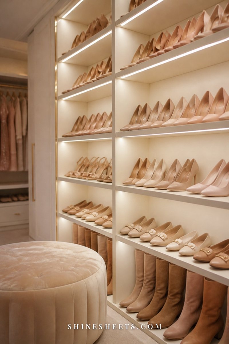 Floor-to-ceiling white shelves in a walk-in closet displaying neat rows of women's heels, flats and boots under warm lighting