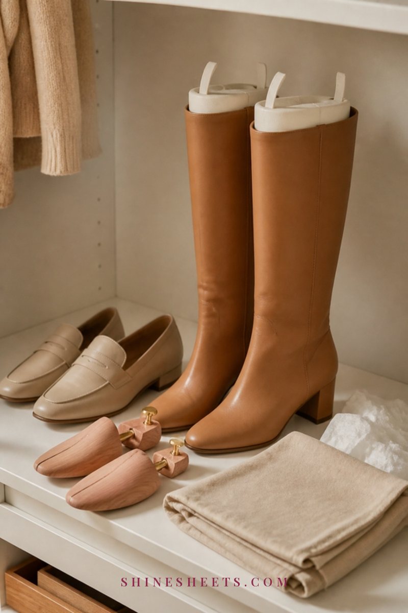 Tall women's tan leather boots with cream boot shapers inside, cedar shoe trees and a beige cotton dust bag on a closet shelf