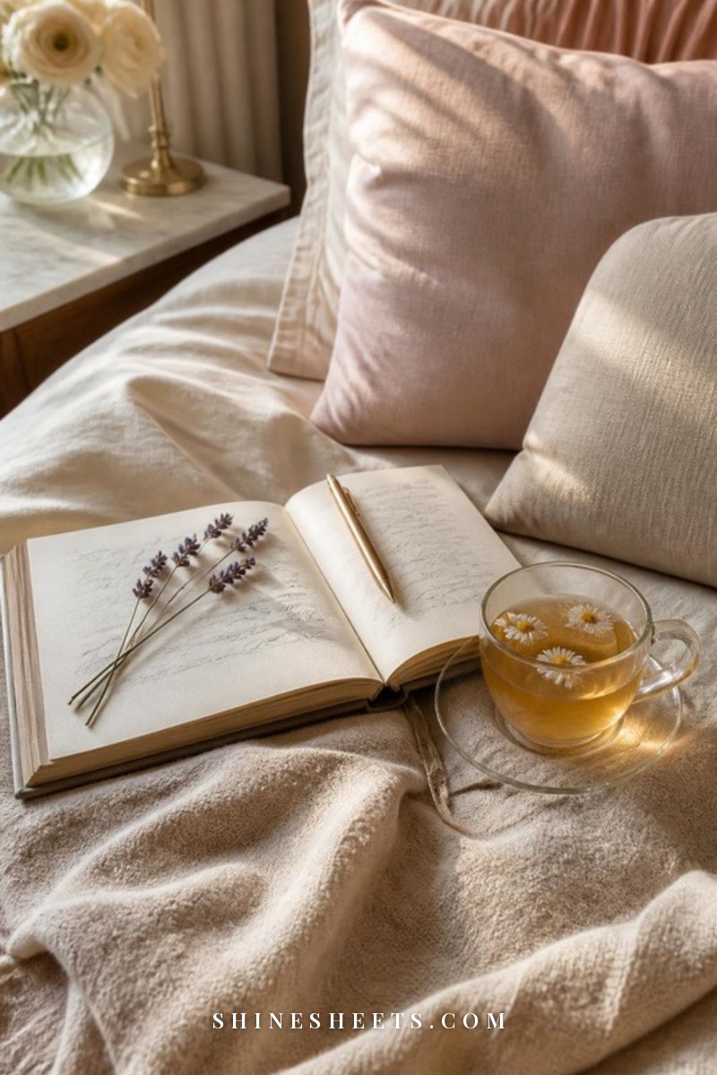 A cream journal and a gold pen on a soft beige throw blanket beside a cup of tea and a glowing candle in evening light