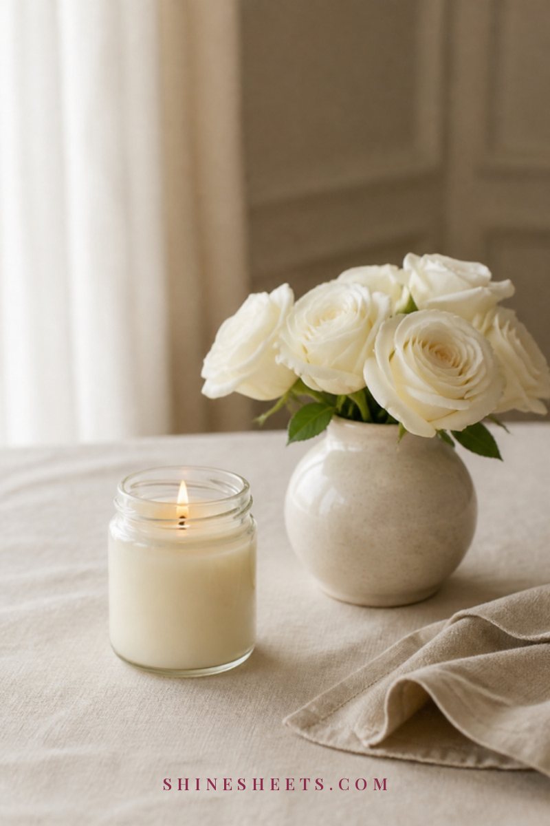 A soft cream throw blanket and a glowing glass jar candle on a neatly made bed in a calm, safe-feeling bedroom