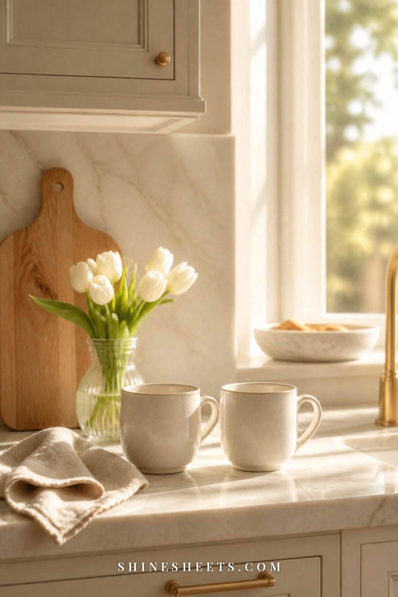 Two cream mugs on a windowsill in soft gray morning light, rain drops on the glass and a small vase of white flowers