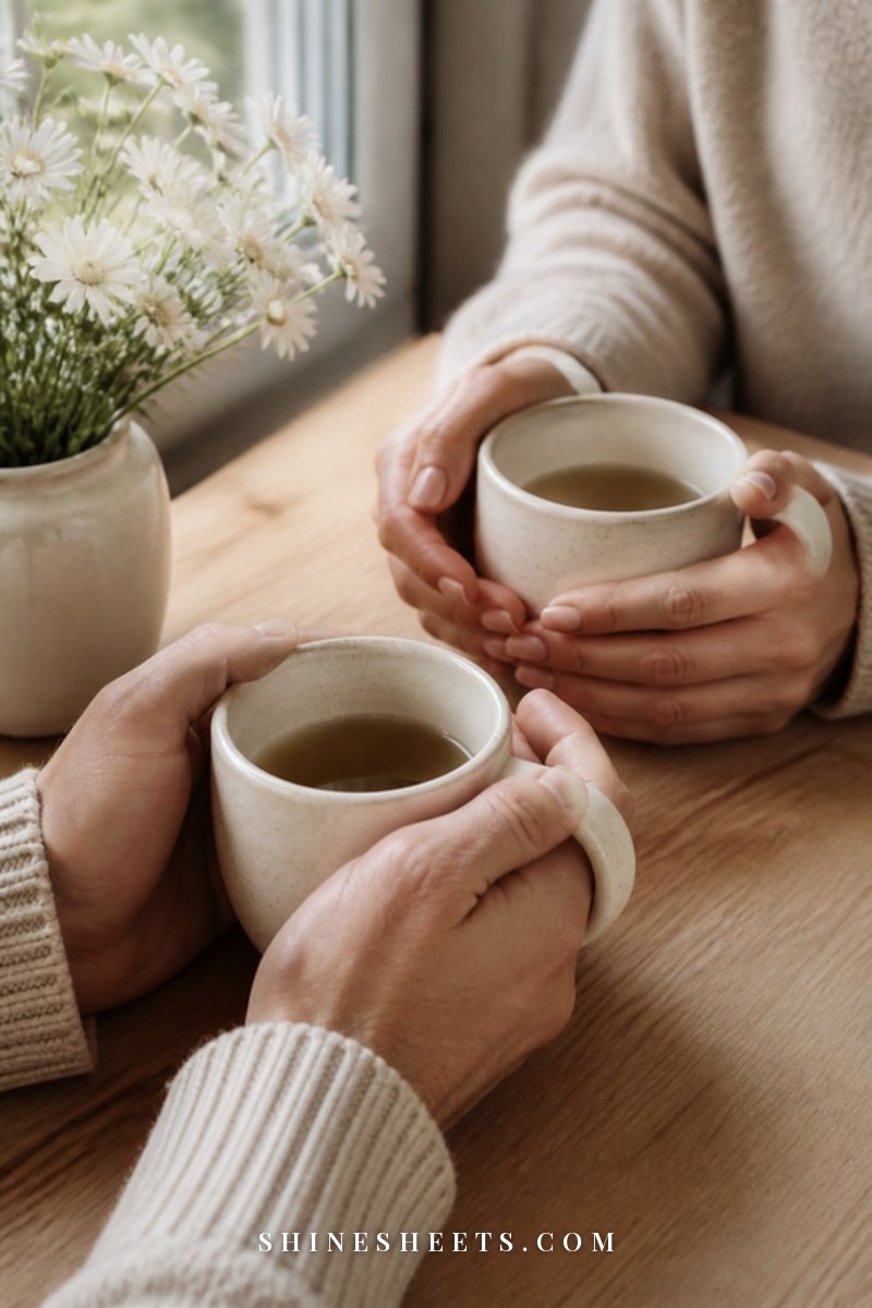 Two hands of a couple holding warm cream mugs together on a wooden table, both wearing soft beige knit sleeves
