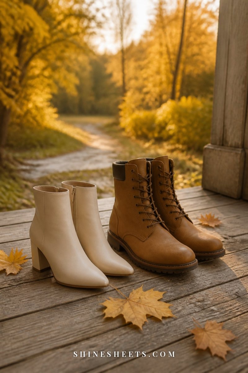 Two pairs of women's and men's boots side by side on a wooden porch with autumn leaves and soft golden light