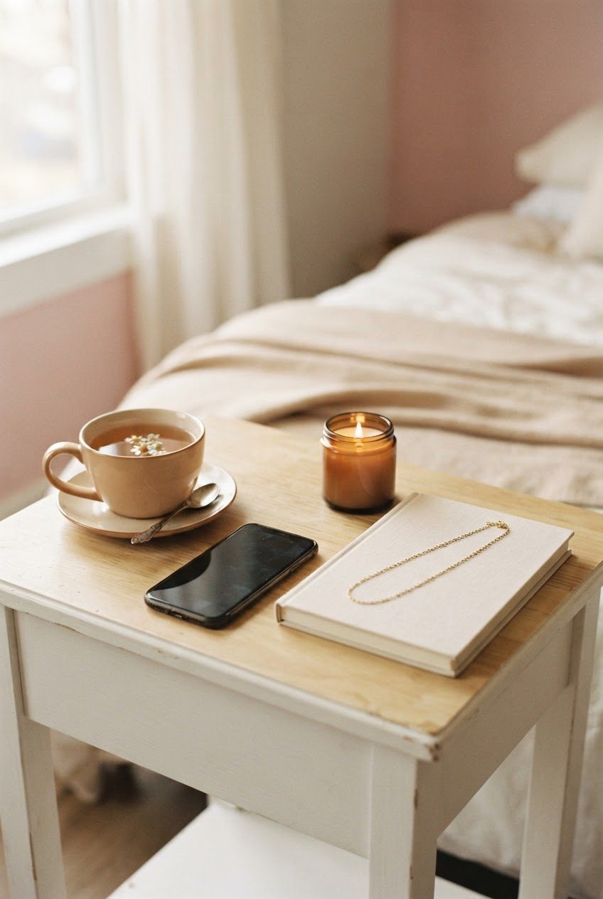 Phone face down beside a cup of chamomile tea, a blank notebook, a gold necklace and a glass candle on a white nightstand