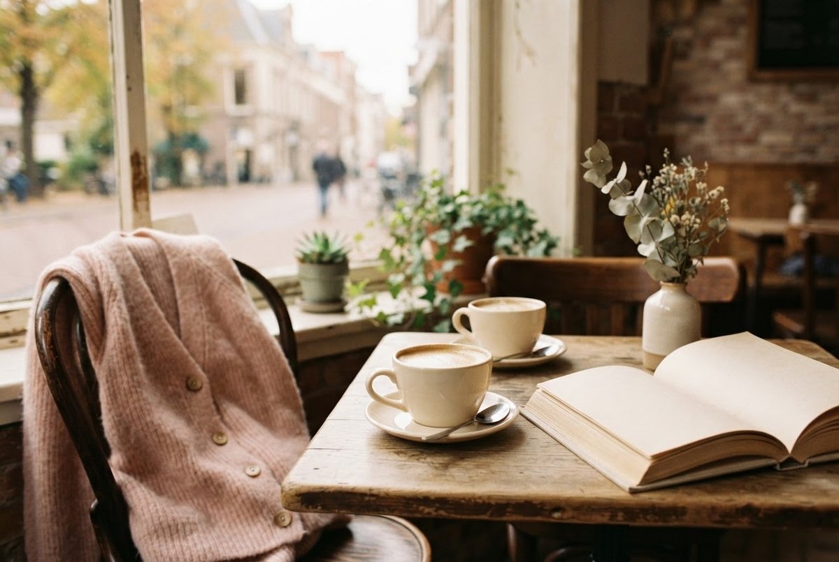 Two cups of coffee on a small café table with an open book and a blush cardigan draped over a chair