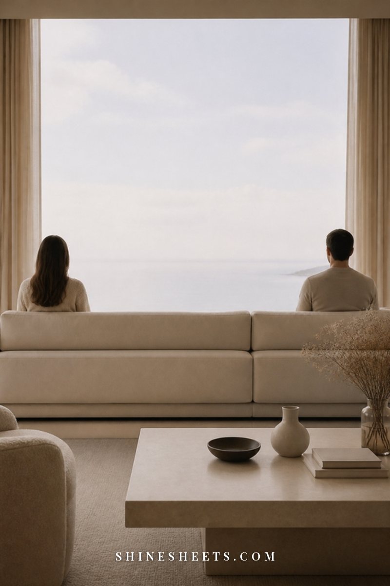A couple seen from behind sitting at opposite ends of a cream sofa, a noticeable gap between them, in soft daylight