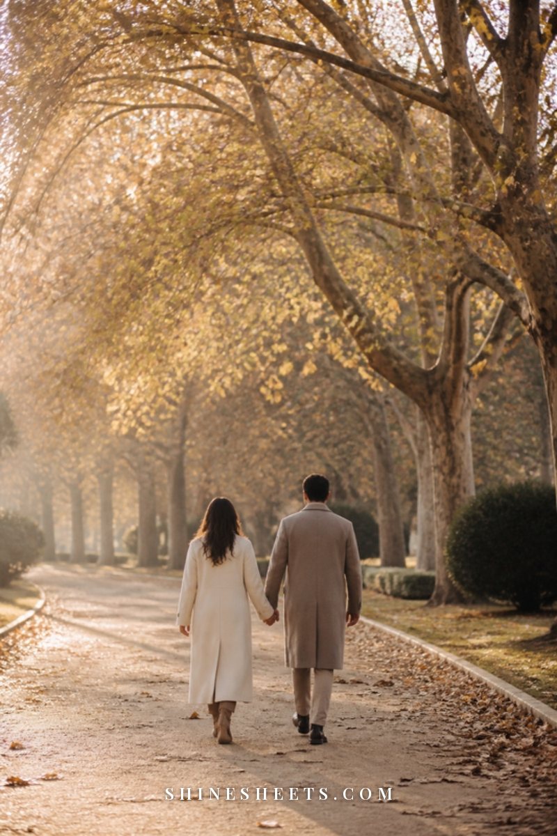 A couple seen from behind walking hand in hand along a leafy path in golden afternoon light
