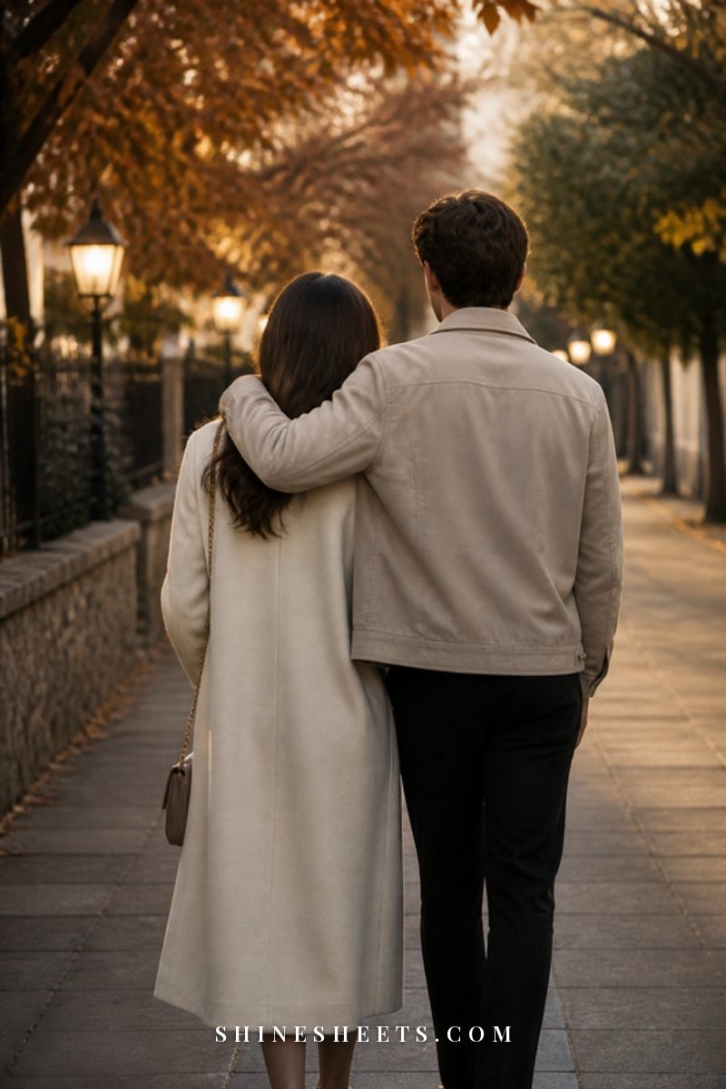 Couple seen from behind walking side by side along a quiet street in golden evening light