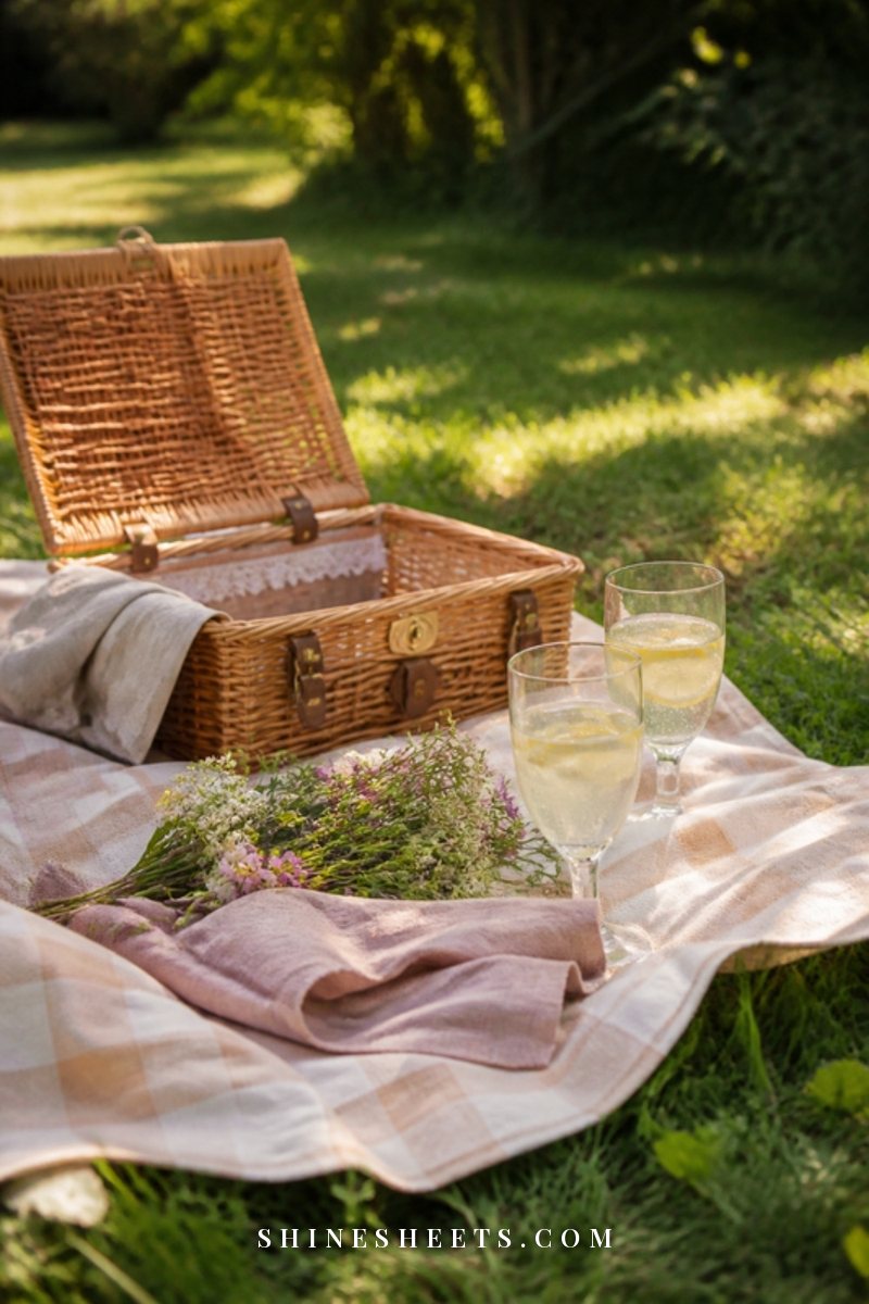 Picnic blanket with a wicker basket, two glasses and wildflowers in a sunny park