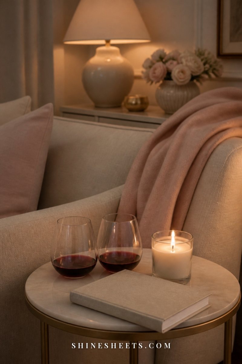 Two glasses of wine, a lit candle and a closed journal on a cream sofa side table at dusk