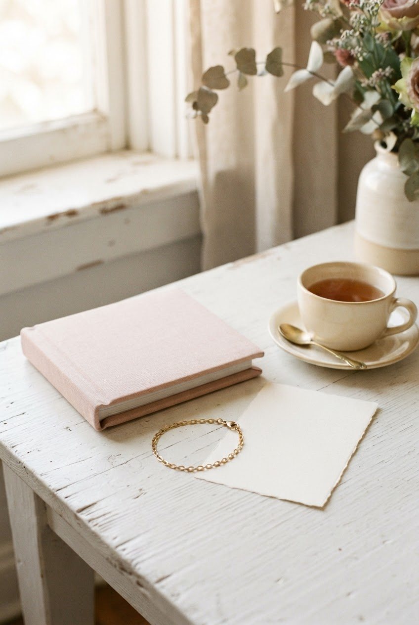 Small blush photo album, a gold bracelet, a blank note card and a cup of tea on a white table