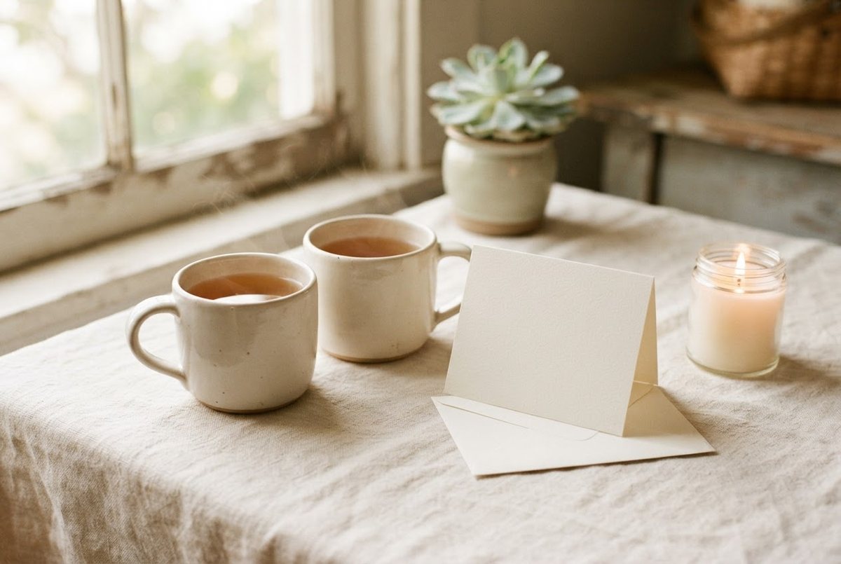 Two cream ceramic mugs of tea, a blank greeting card with an envelope and a glass candle on a cream linen tablecloth