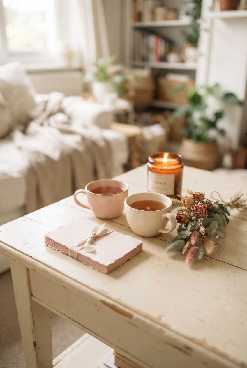 Deck of blush conversation cards, two cups of tea and a glass candle on a cream wooden coffee table