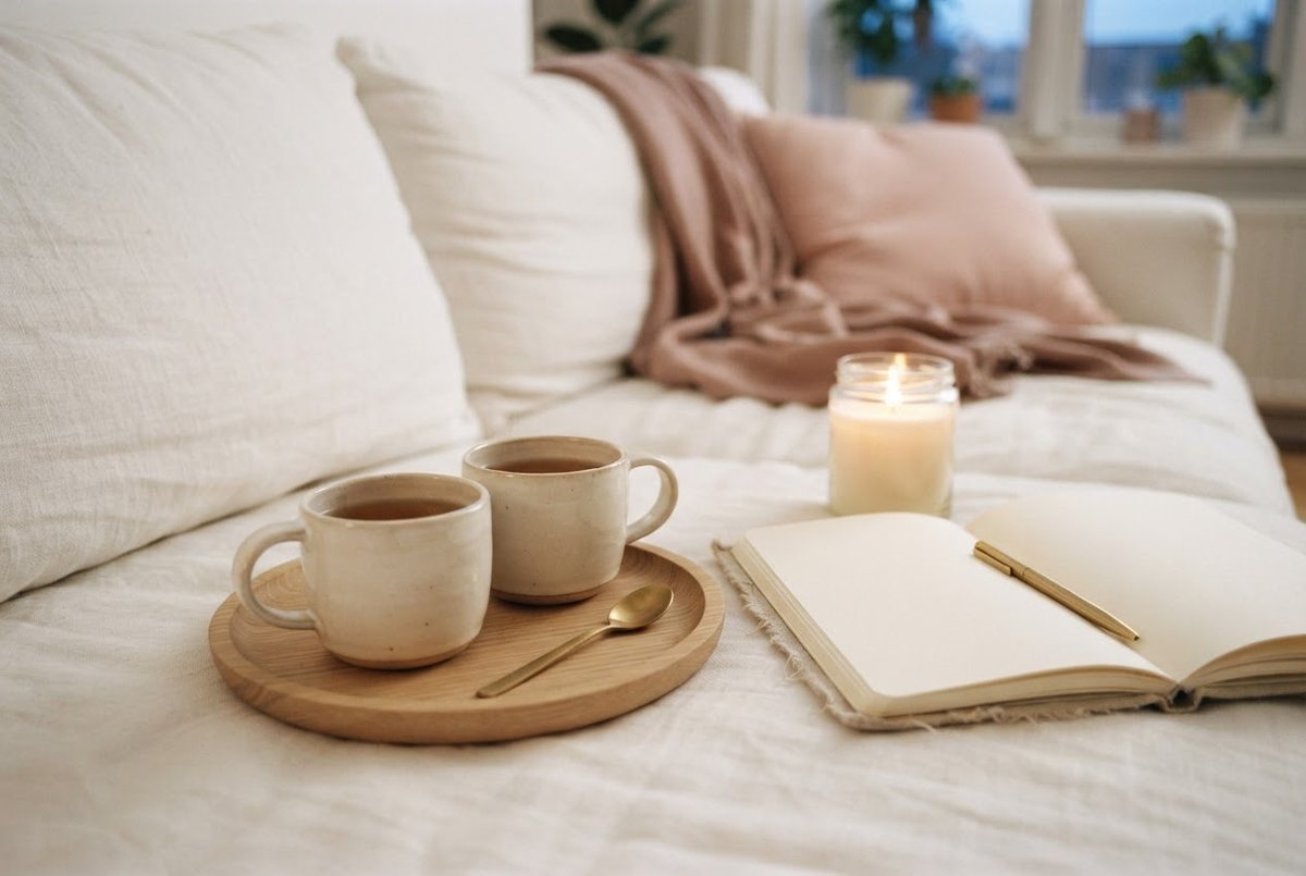 Two cream ceramic mugs of tea, a lit glass candle and an open blank notebook on a white linen sofa in soft evening light