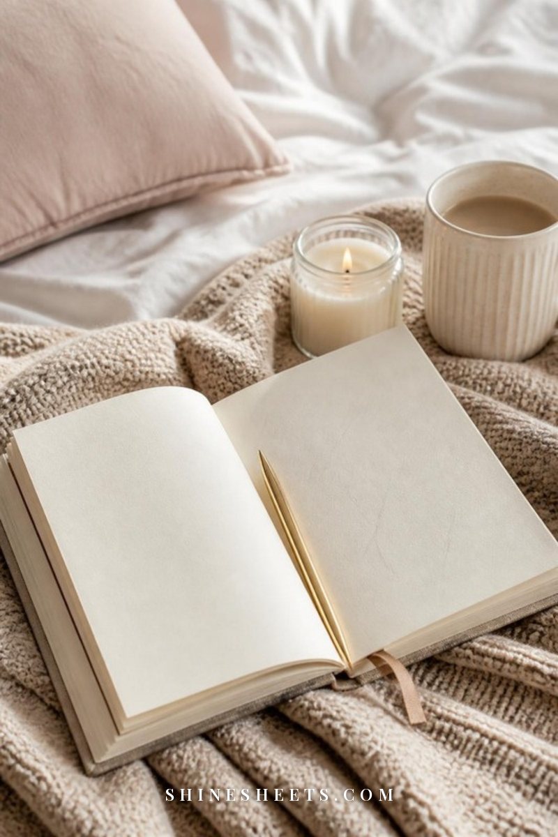 An open journal with blank pages, a gold pen and a cup of tea on a cream linen tablecloth in soft light