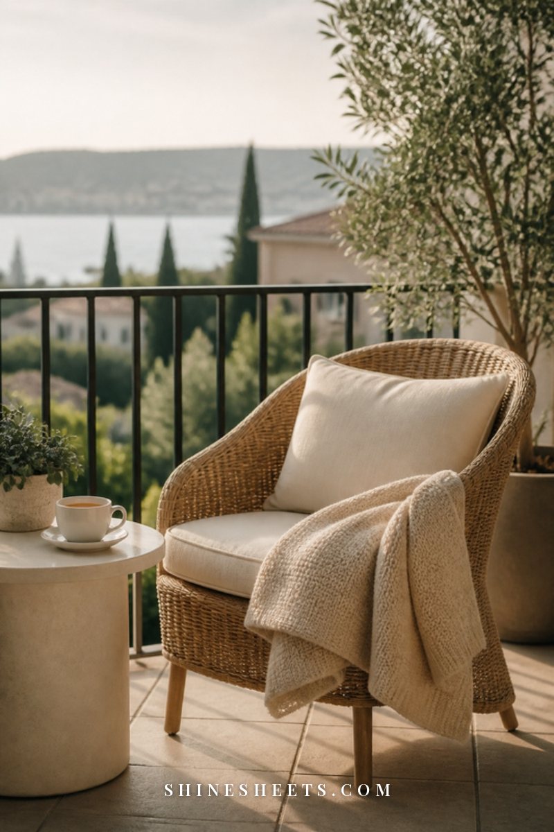 A quiet balcony with a single chair, a cream blanket and a cup of tea overlooking soft morning light
