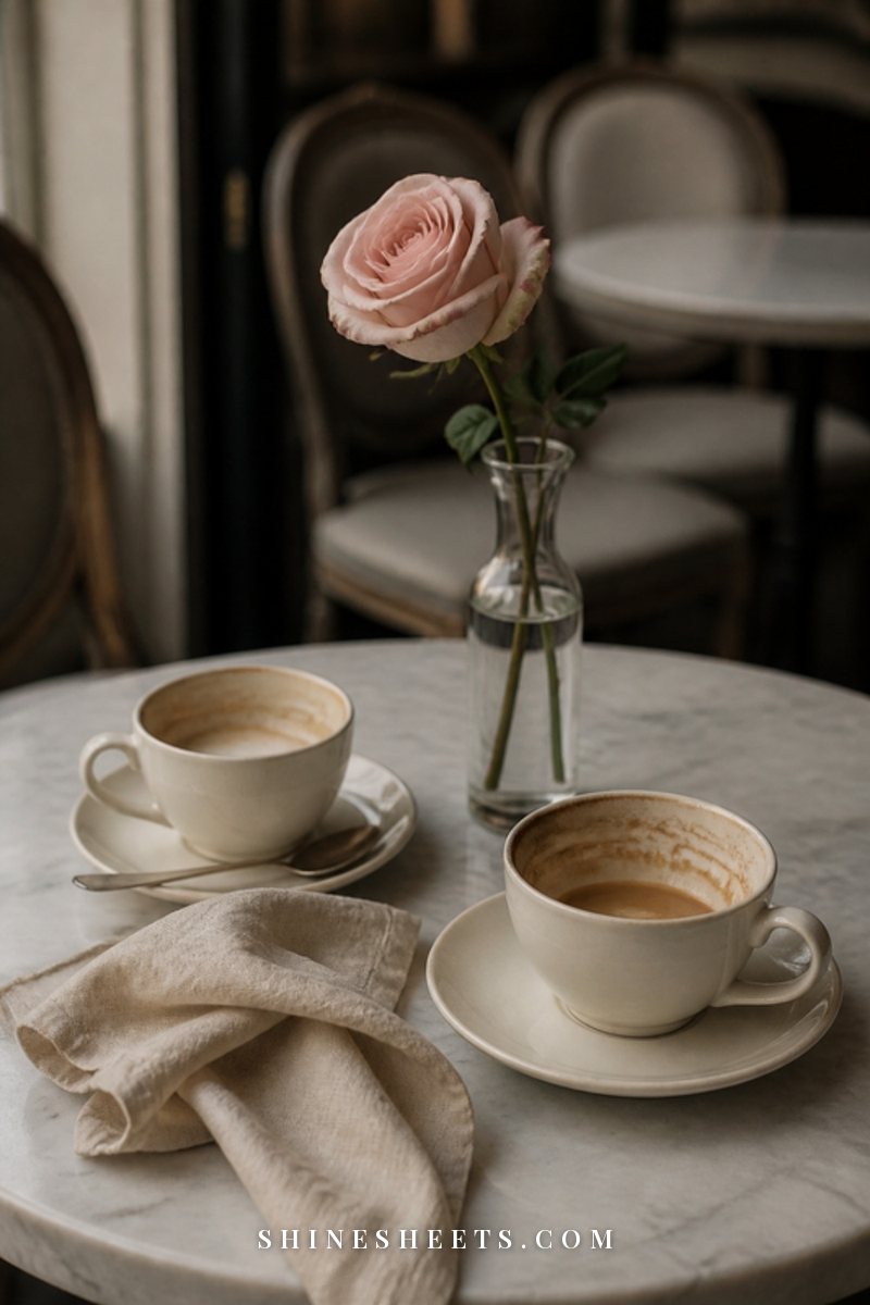 Two cups of coffee left on a café table with a folded napkin and a single blush rose in a vase