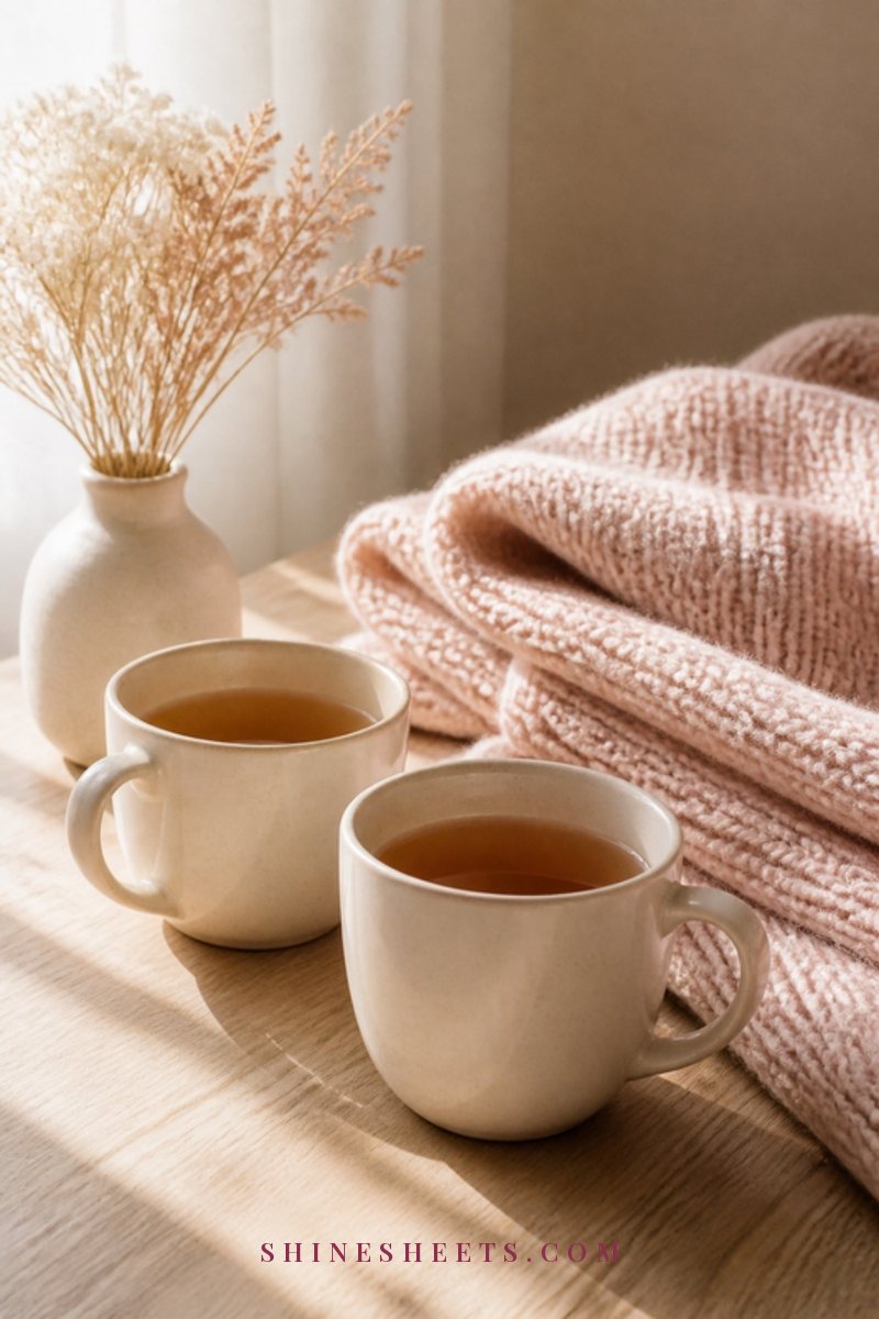 Two cups of tea on a wooden table by a window with a soft knit blanket and a small vase of flowers