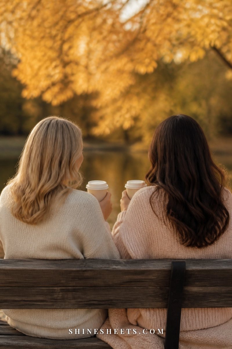 Two women seen from behind sitting on a park bench with coffee cups, autumn trees softly blurred ahead