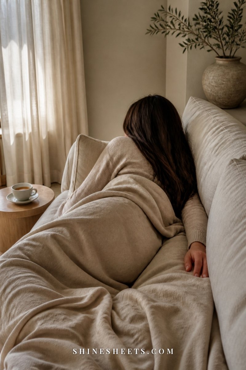 A woman seen from behind resting on a sofa under a cream blanket with a cup of tea on a side table