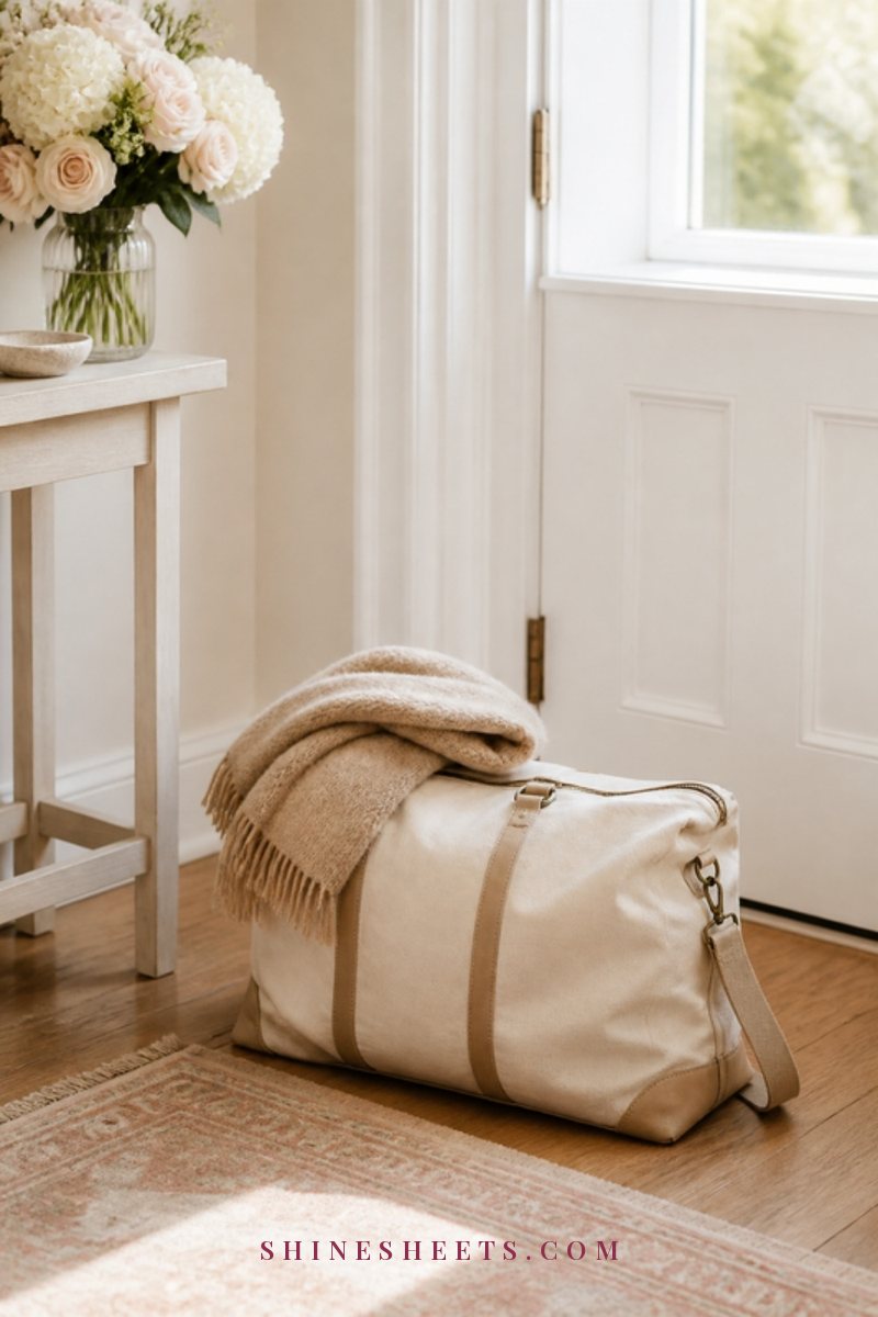 A packed cream weekend bag by a door with a folded scarf, a small vase of flowers and soft daylight