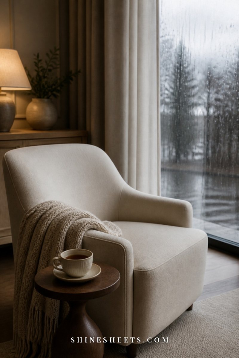 A rainy window with a cup of tea and a soft knit blanket on a cream armchair in quiet gray light