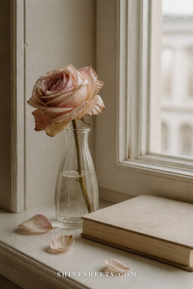 A wilting single rose in a glass bud vase on a windowsill beside a closed notebook in soft light