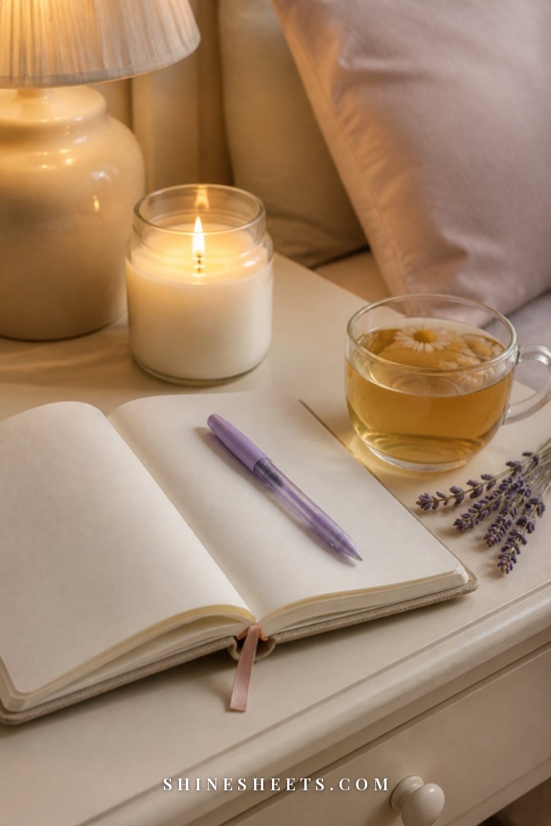 A cup of chamomile tea, an open cream journal and a lit glass candle on a linen-covered table in soft evening light
