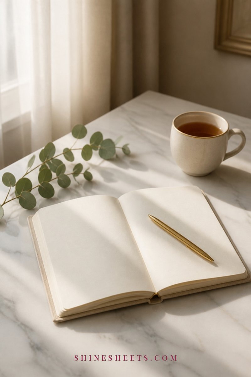 Open cream notebook with soft illegible handwriting, a gold pen and a sprig of eucalyptus on a white desk