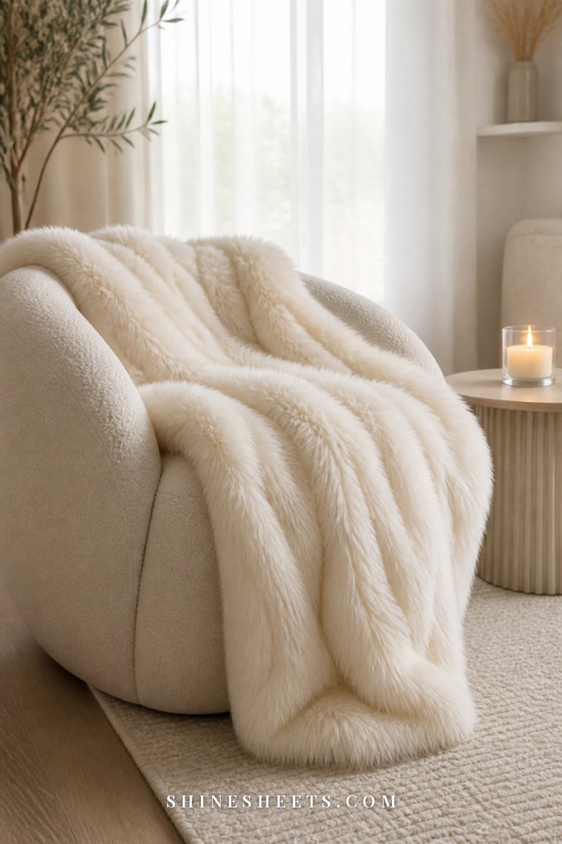 A single chair by a rain-streaked window with a soft cream throw blanket draped over it in gray daylight