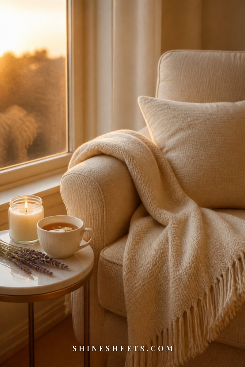 Soft cream throw blanket, a cup of chamomile tea and a lit candle in a glass jar on a cozy armchair by a window