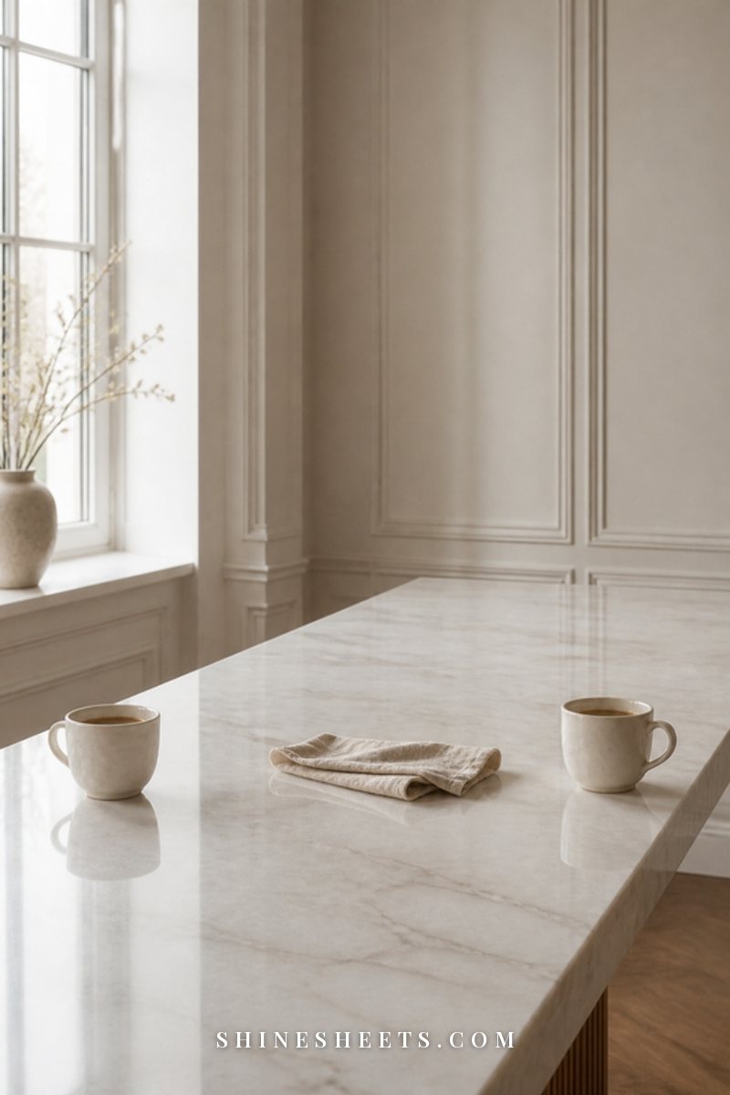 Two coffee mugs on opposite ends of a long wooden table with a wilted rose between them in soft light
