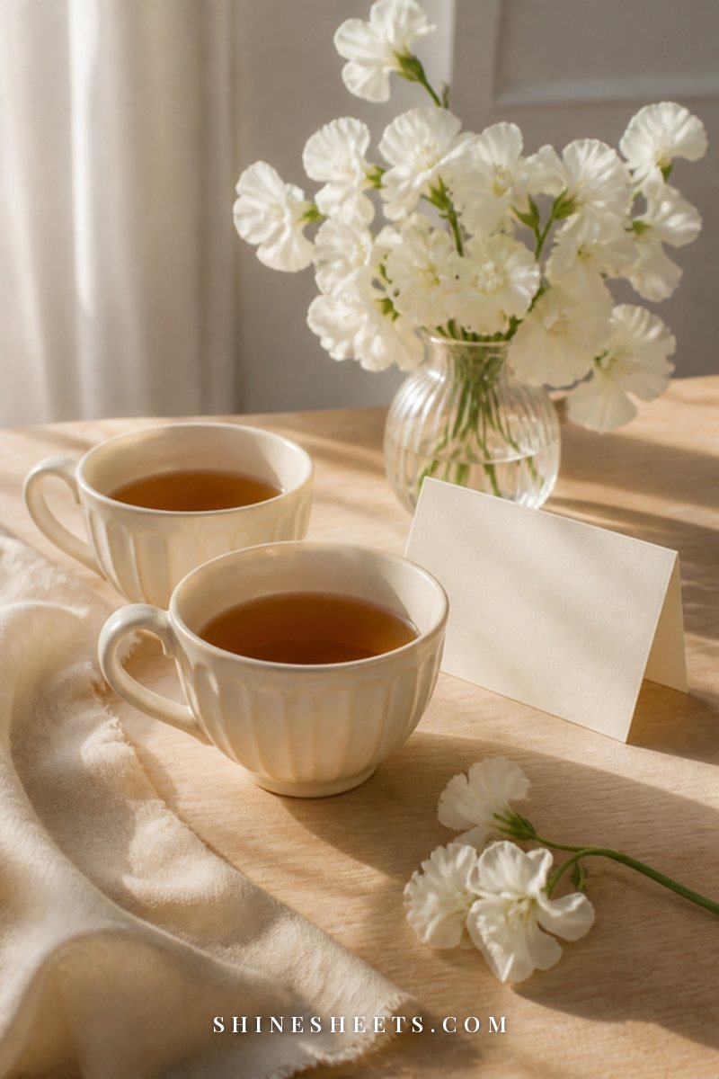Two cups of tea on a wooden table, one full and one untouched, beside a folded blush blanket in muted light