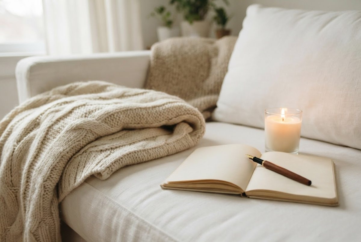 Cream knit blanket, an open journal with a pen and a lit glass candle on a white linen sofa in soft afternoon light