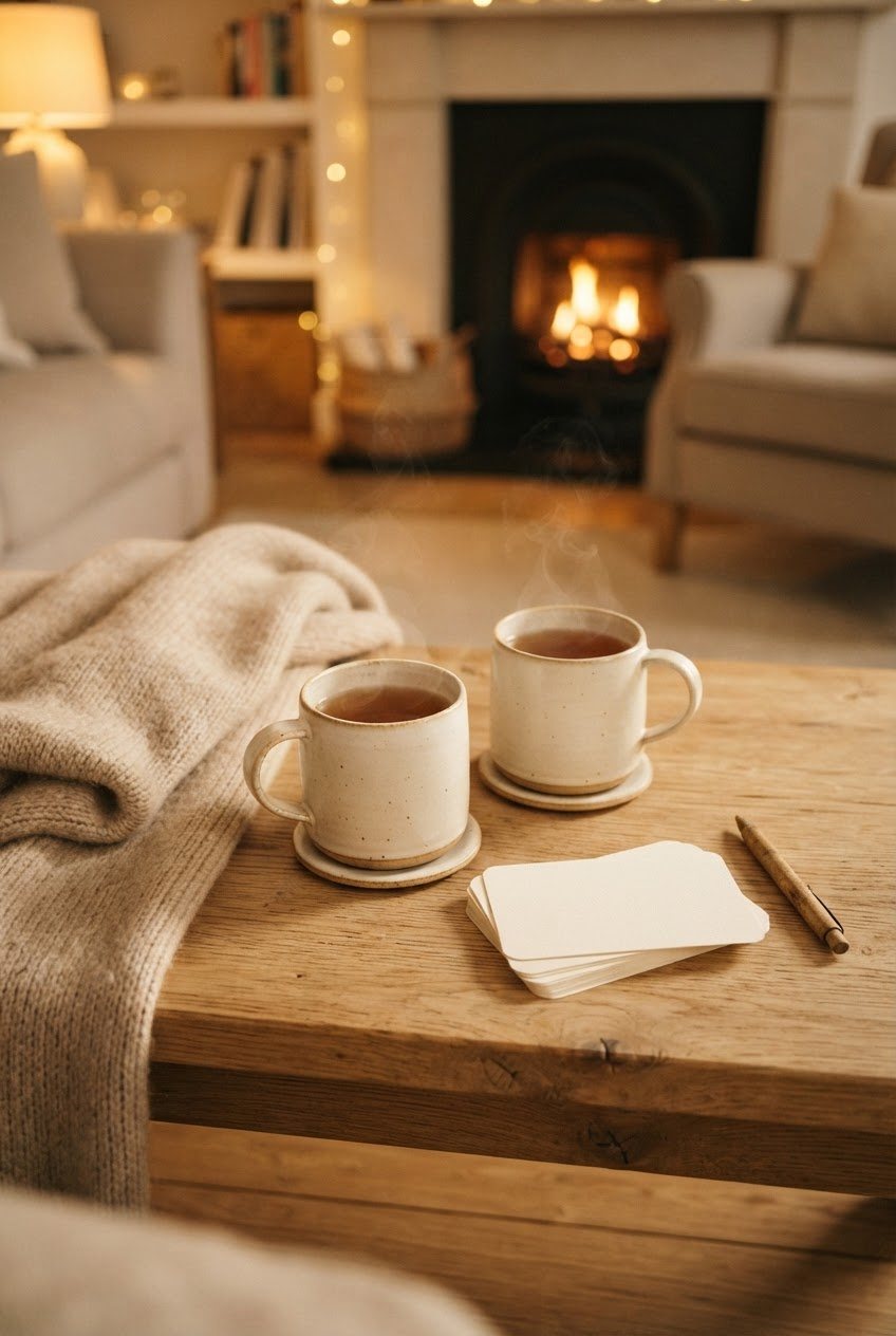 Two cream mugs of tea beside a soft beige throw blanket and a stack of question cards on a wooden coffee table