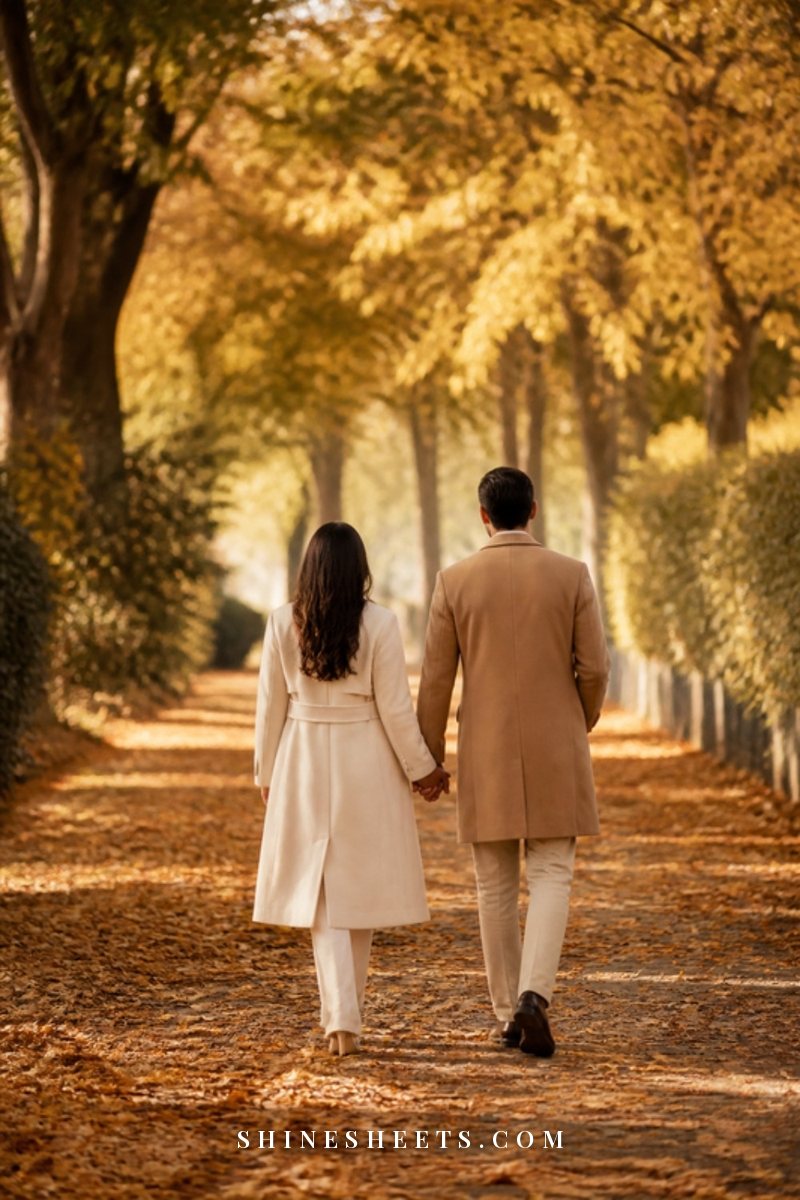Couple seen from behind walking hand in hand on a quiet autumn path in soft golden light
