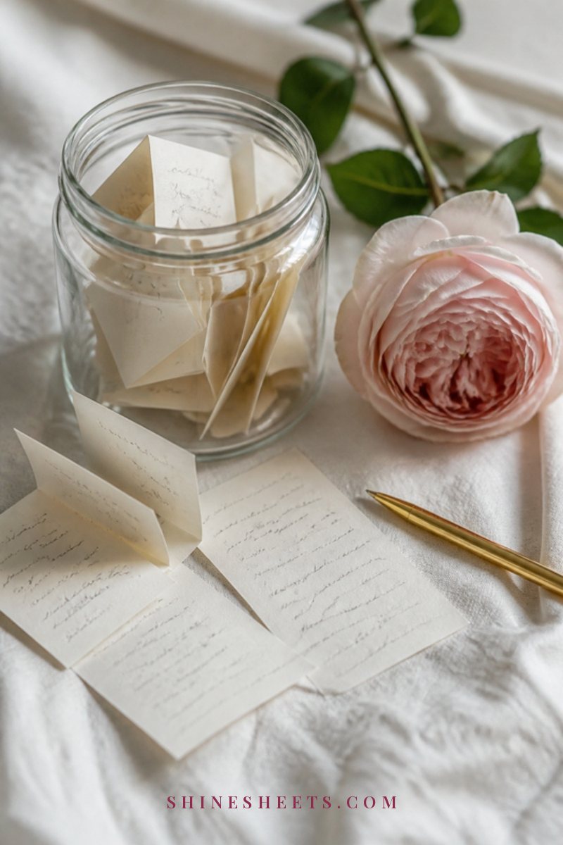 Folded cream notecard with soft illegible handwriting resting on a wooden tray beside a single blush rose