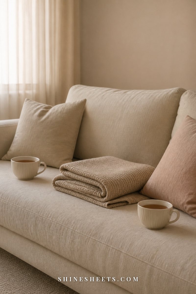 Two untouched cups of tea on opposite ends of a cream sofa with a folded blanket between them in soft afternoon light
