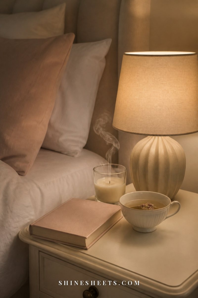 Unopened cream envelope and a cup of cold tea on a quiet bedside table in muted morning light