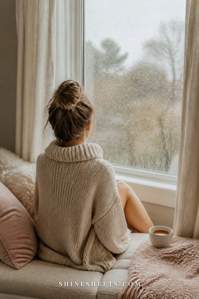 Woman seen from behind sitting by a rain-streaked window wrapped in a cream knit blanket, soft gray daylight