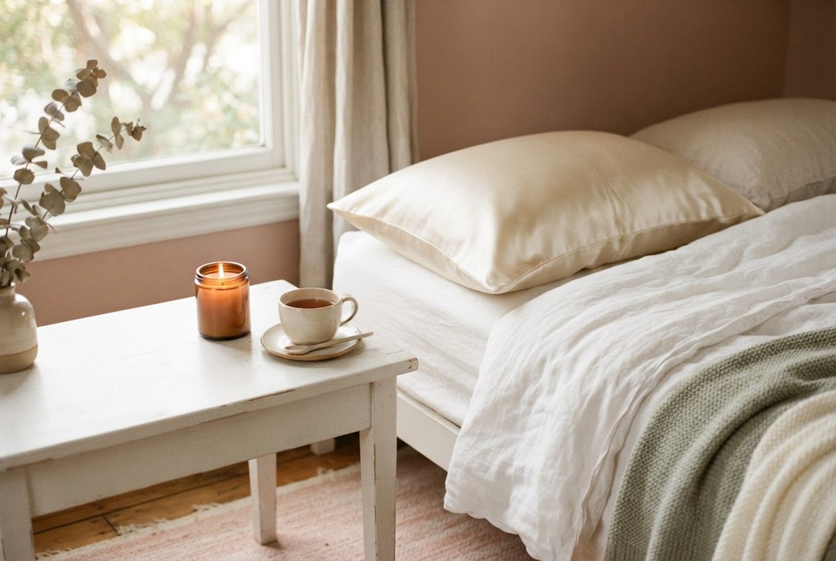 Cream silk pillowcase on a made bed with a white linen duvet, a glass candle and a cup of tea on the nightstand in soft morning light