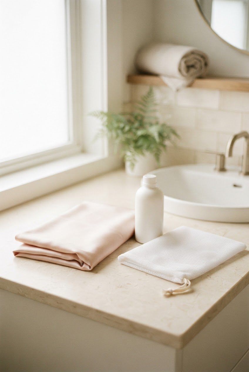Folded blush silk pillowcase, a white mesh laundry bag and a small bottle of gentle detergent on a cream bathroom counter
