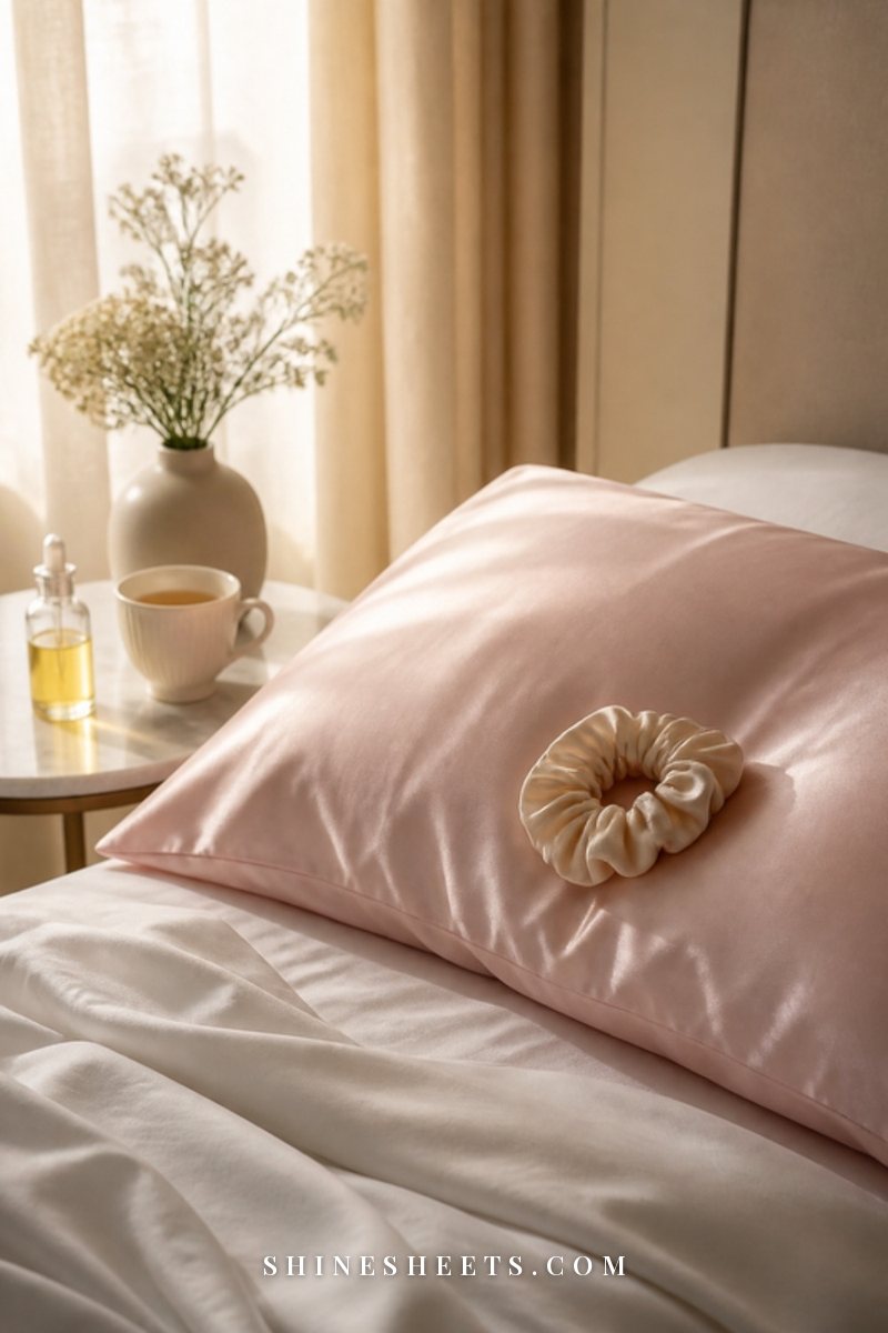A blush silk pillowcase, a satin scrunchie and a cream sleep mask on a neatly made white bed