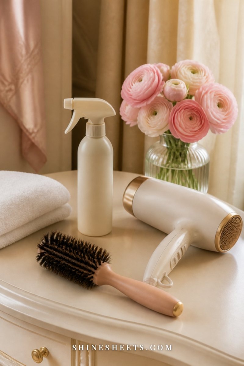 A blush wide-brim sun hat, a white heat protectant spray bottle and a round brush on a cream linen bench