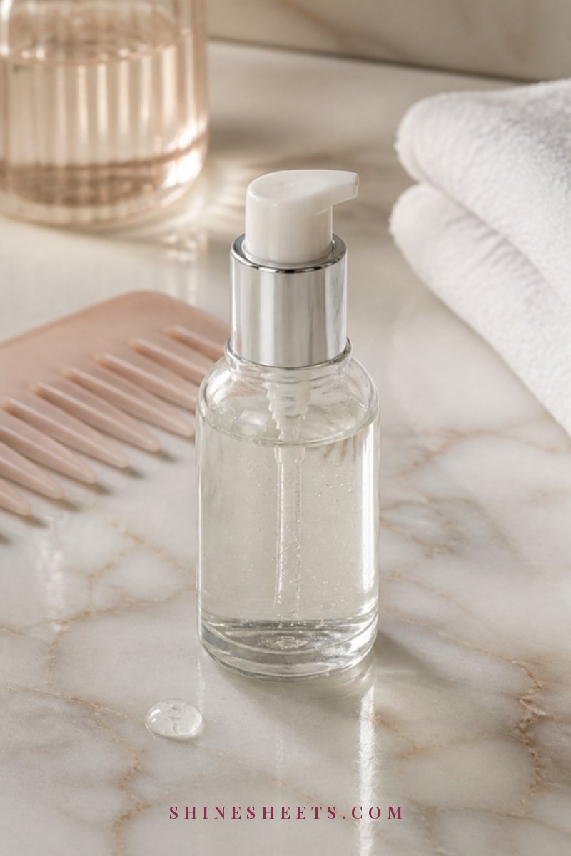 A clear glass bottle of shampoo, a white loofah and eucalyptus sprigs on a cream bathroom counter