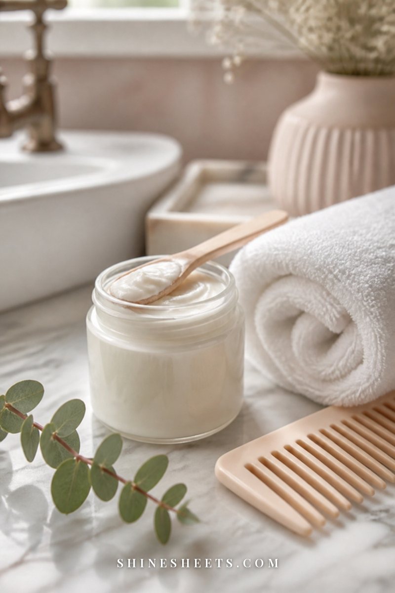 A cream ceramic jar of hair mask, a wooden spatula and a rolled white towel on a soft beige bath tray