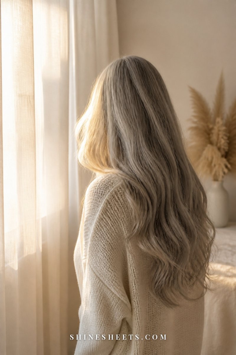 Long silver hair seen from behind on a woman in a cream knit sweater by a sunny window